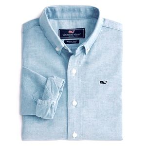 Vineyard Vines Boys Stretch Cotton Oxford Solid Long Sleeve Shirt Blue Chambray